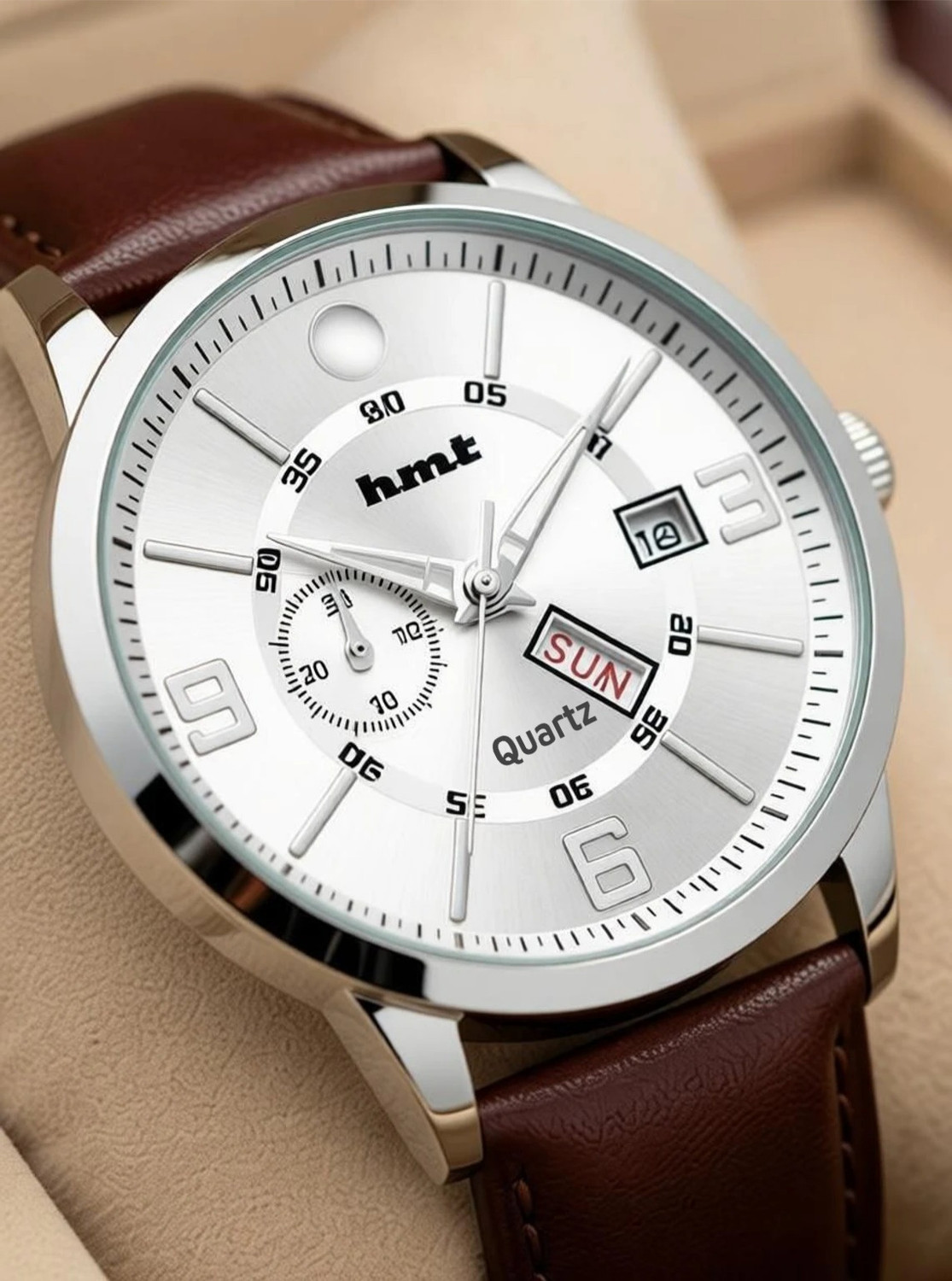 Image of hmt QUARTZ premium quality white dial leather brown strap dedate function mens watch Analog Watch - For Men RN 400 WHITE DAIL BROWN STRAP