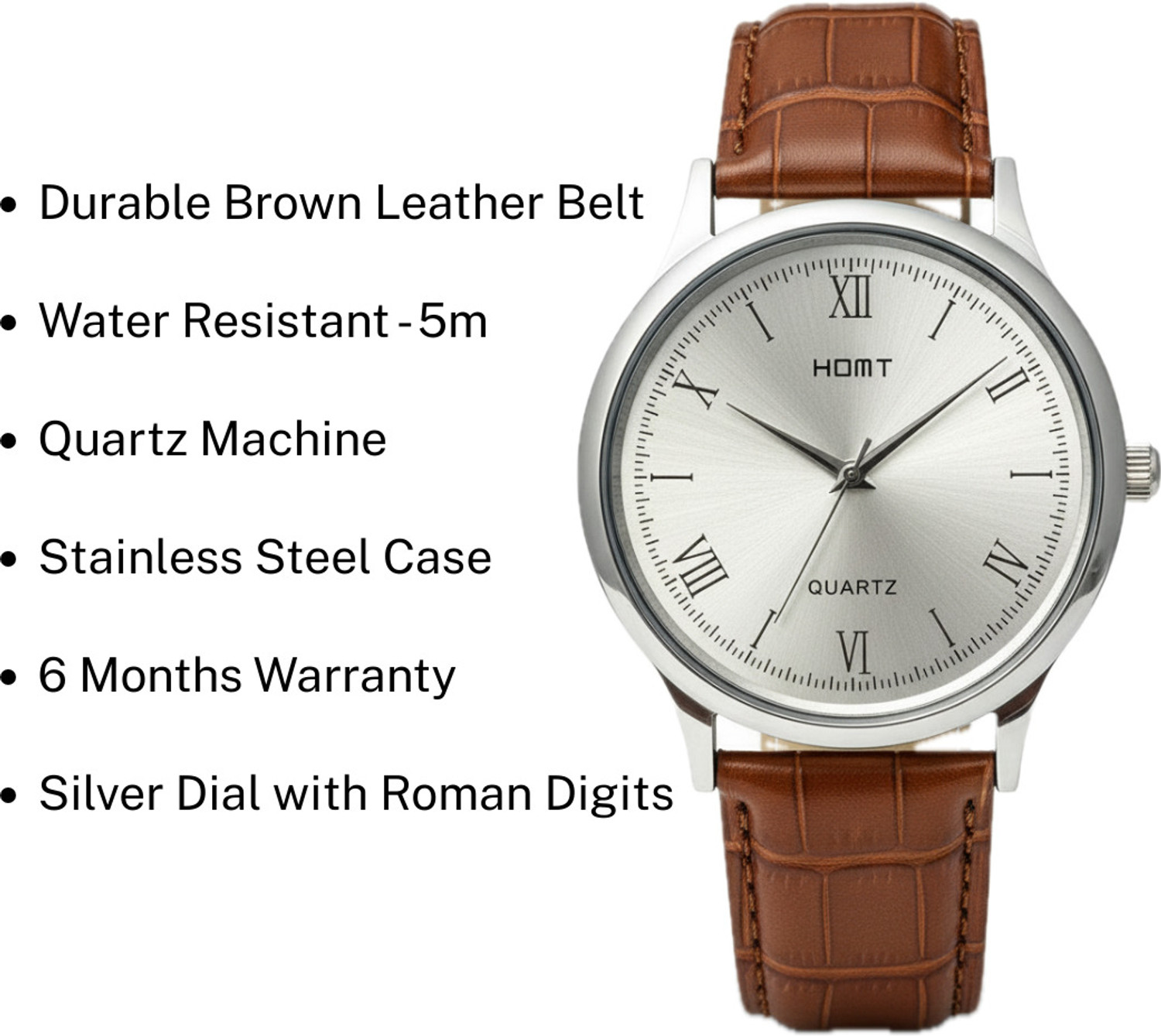 Image of homt Silver Round 38mm Brown Belt Quartz Analog Watch - For Men T0043YL01 - 38mm #JustHere
