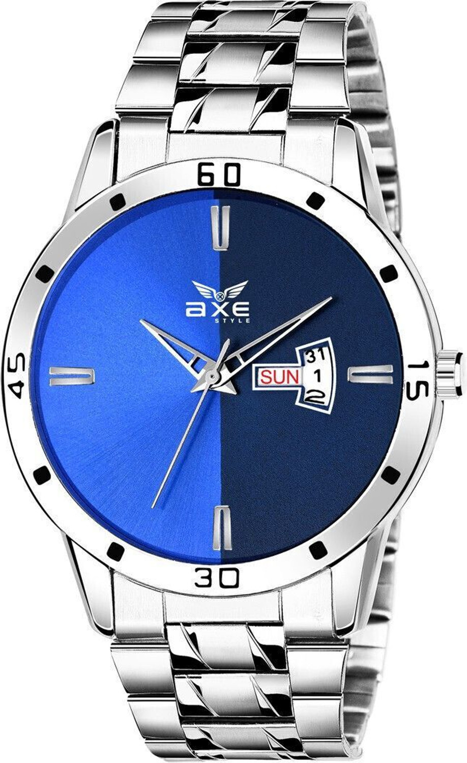 Image of AXE Style DayDate /Brand Stainless Steel Chain Wrist /Hands Company 2 Watch For Mens & Boys Analog Watch - For Men PRESENTS C035 FASHIONABLE BOLD BLUE DAY & DATE 2 WATCH COMBO