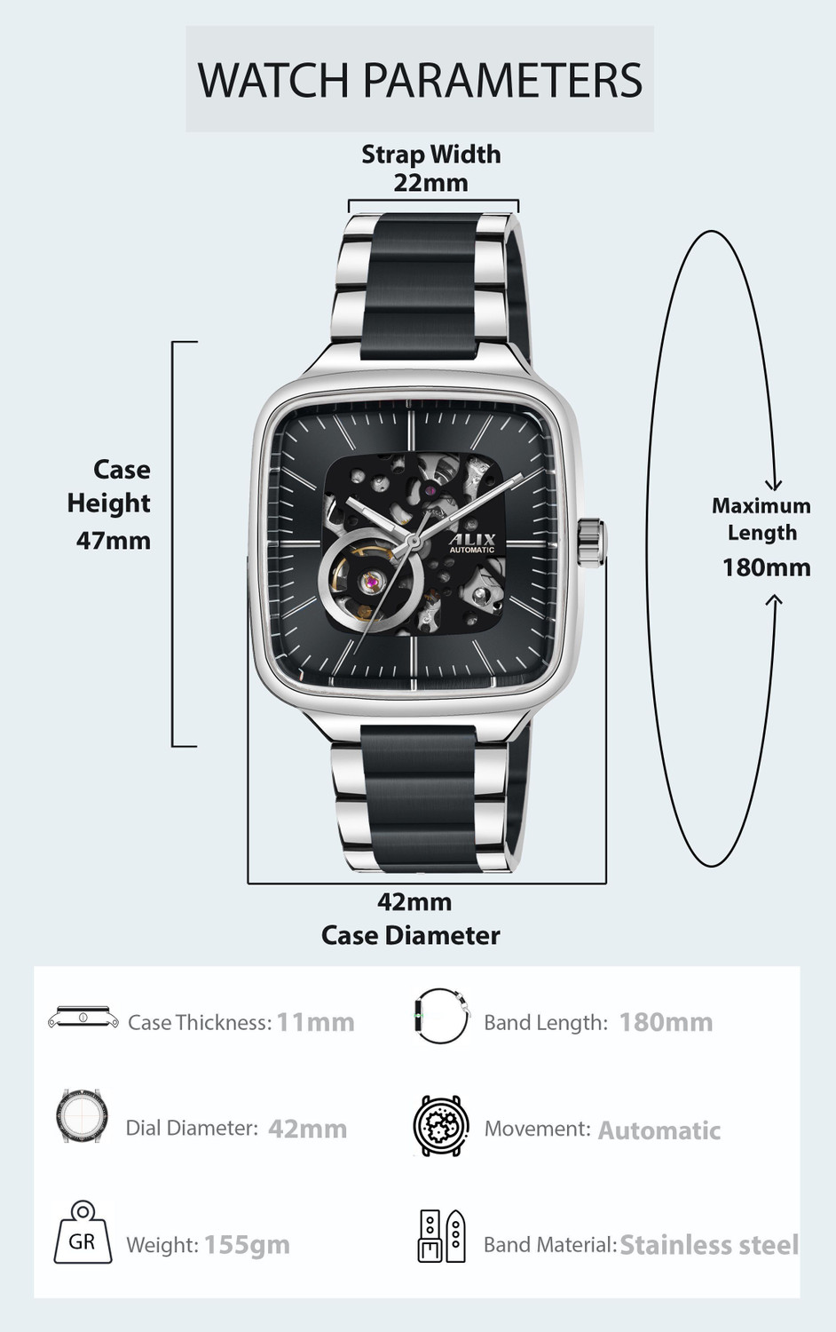 Image of Alix Stainless Steel Silver and Black Two Tone Strap with square skeleton dial Analog Watch - For Men AL2914 Automatic Square Dial