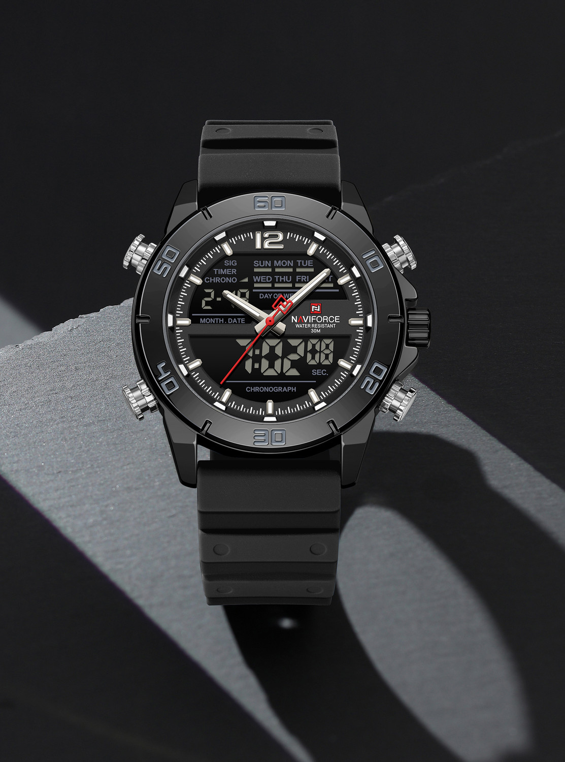 Image of NAVIFORCE Monochromatic Black Multifunctional silicone strap sports Digital Watch - For Men 9241T Sporty Aesthetic