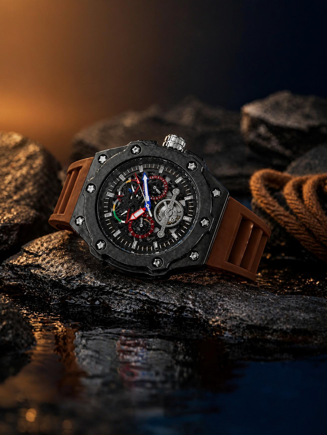 AULITER Men's Brown Strap Skeleton Dial Watch - Image 1