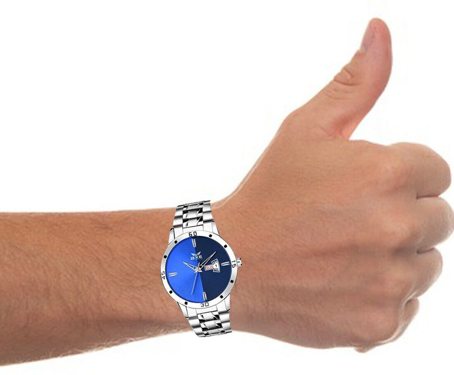 Image of AXE Style DayDate /Brand Stainless Steel Chain Wrist /Hands Company 2 Watch For Mens & Boys Analog Watch - For Men PRESENTS C035 FASHIONABLE BOLD BLUE DAY & DATE 2 WATCH COMBO