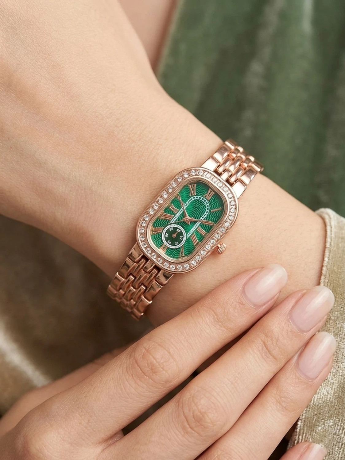 Image of KILLER Capsul Shape Rose gold watch03 Analog Watch - For Women Women Copper Analogue Watch with Emerald Green Oval Dial