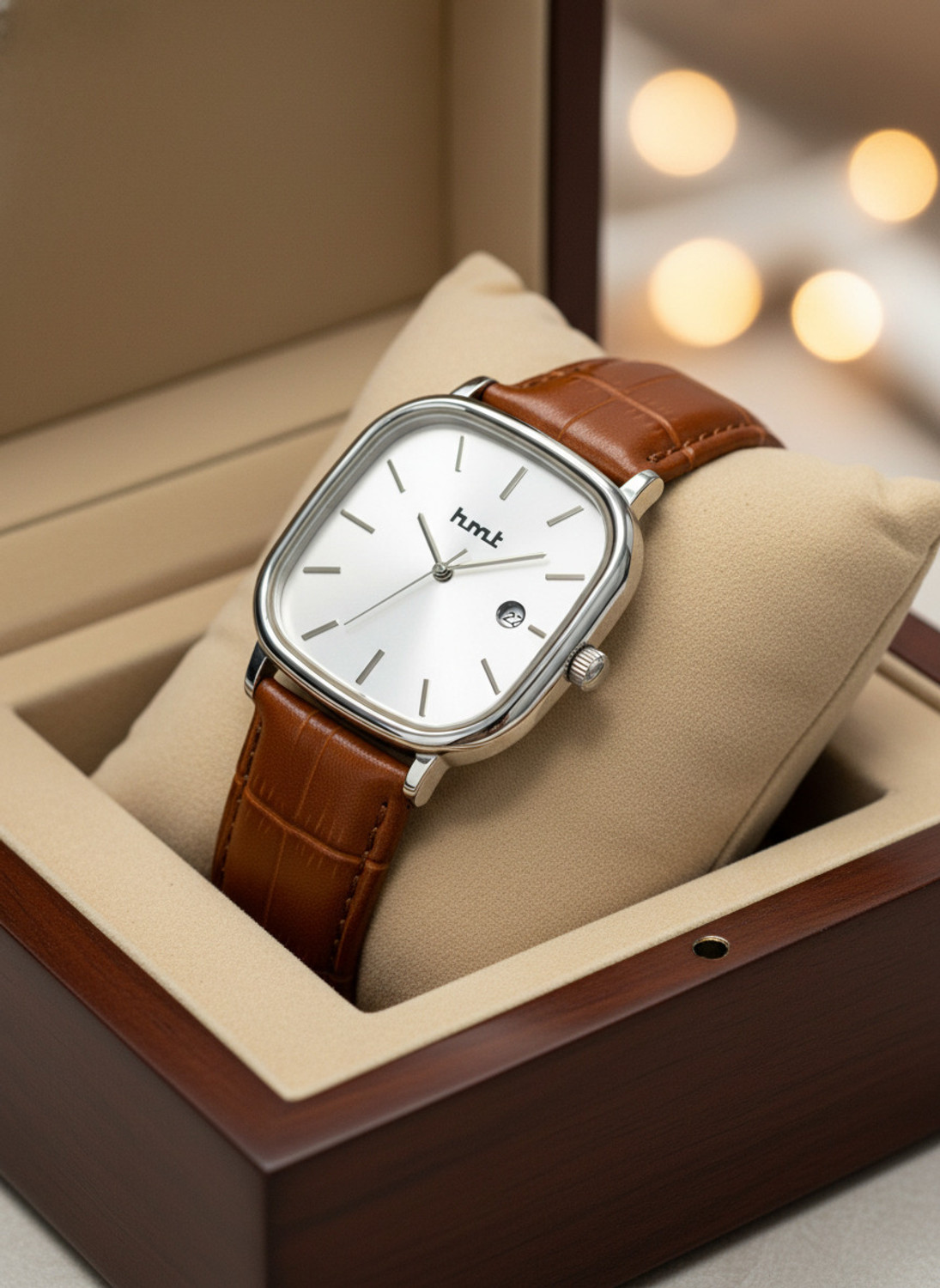 Image of hmt QUARTZ premium quality white dial leather brown strap dedate function mens watch Analog Watch - For Men RN 400 WHITE DAIL BROWN STRAP