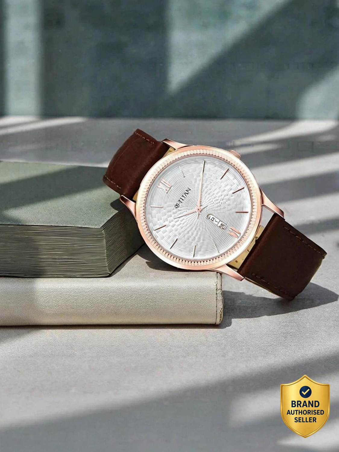 Titan Analog Watch with Day & Date, White Dial, Brown Leather Strap - Image 1
