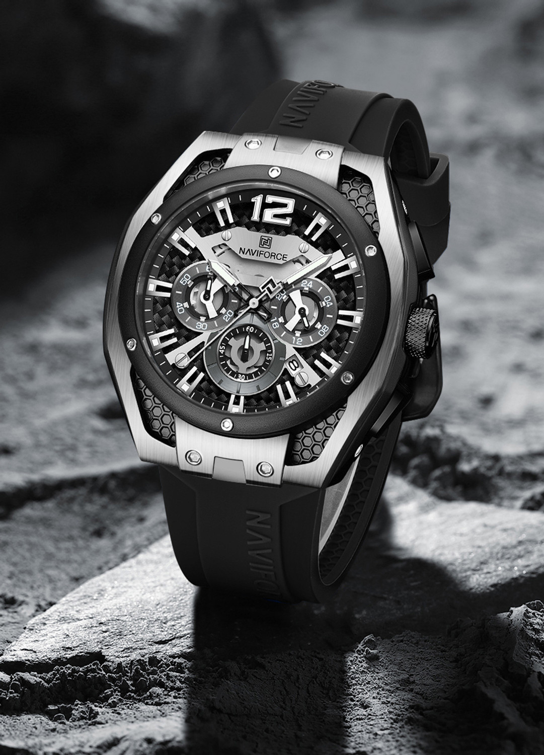Image of NAVIFORCE Dominant Black with white Chronograph dial with Silicone strap Analog Watch - For Men 7123 Bold Sporty