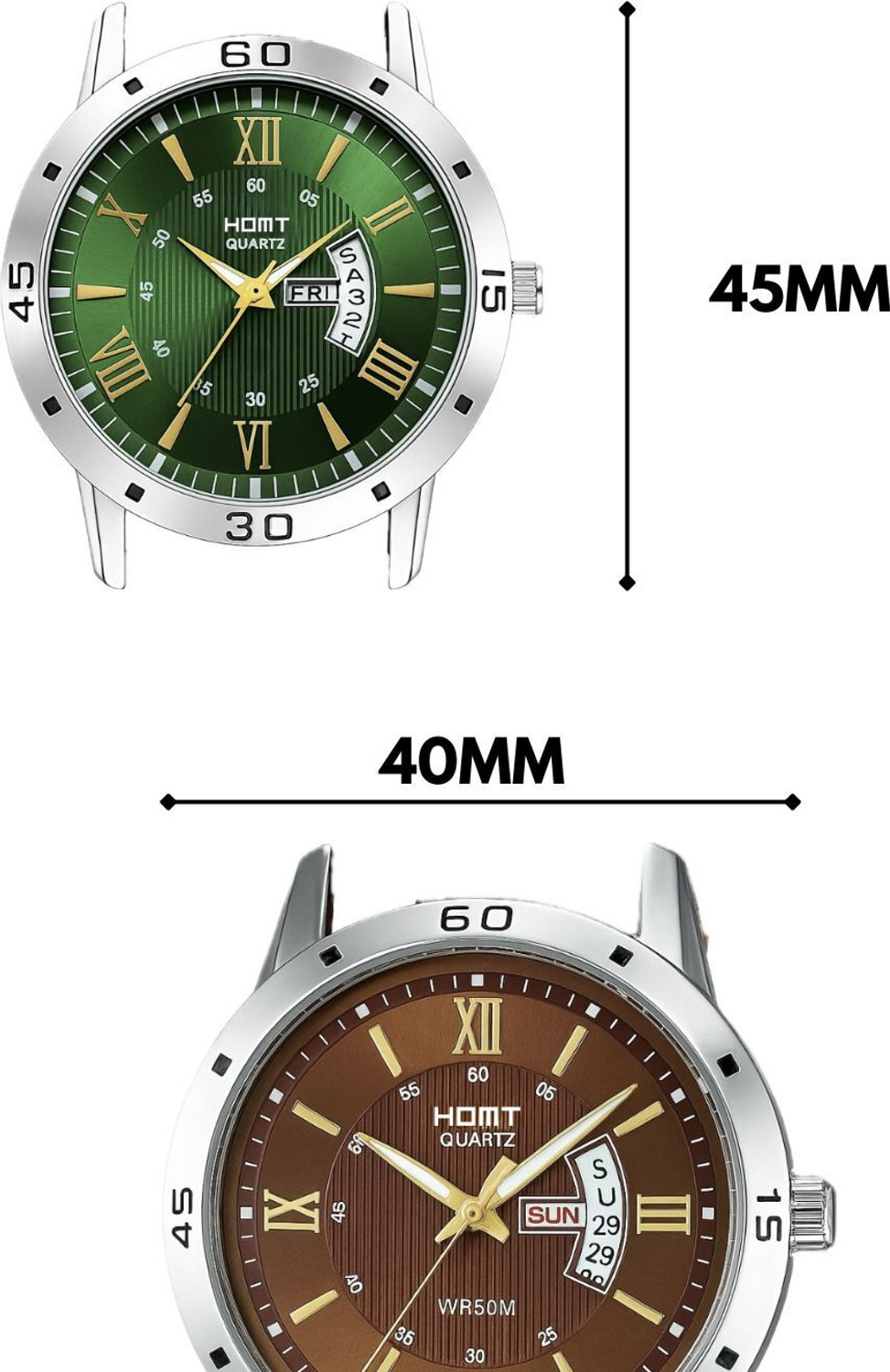 Image of homt Men's Watch Combo of 2 Leather Belt Brown & Green Quartz Analog Watch - For Men Pack Of 2 Wrist Watches ( Day-date working)
