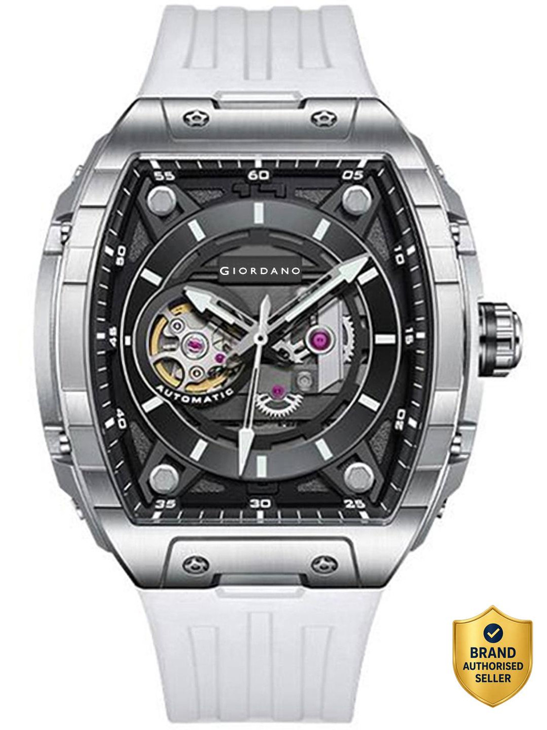 GIORDANO High Quality , Unique Design Automatic Black Dial Mechanical Self-Winding White Silicone Strap Analog Watch - For Men