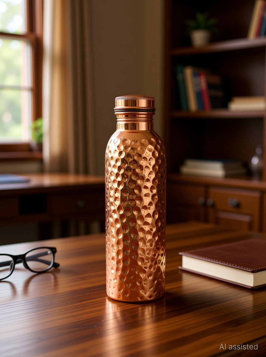 Image of GOLDEN VALLEY Hammered Copper Water Bottle with leakproof lid seamless 1 litre 1000 ml Copper Bottle (Pack of 1, Copper)