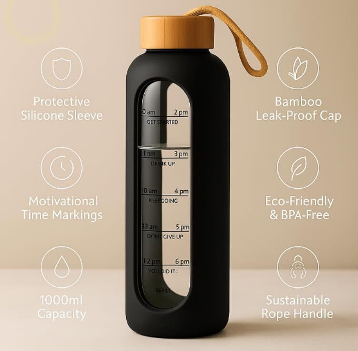 Image of drb Glass Water Bottle 1 Ltr with Protective Silicone cover 1000 ml (Black)