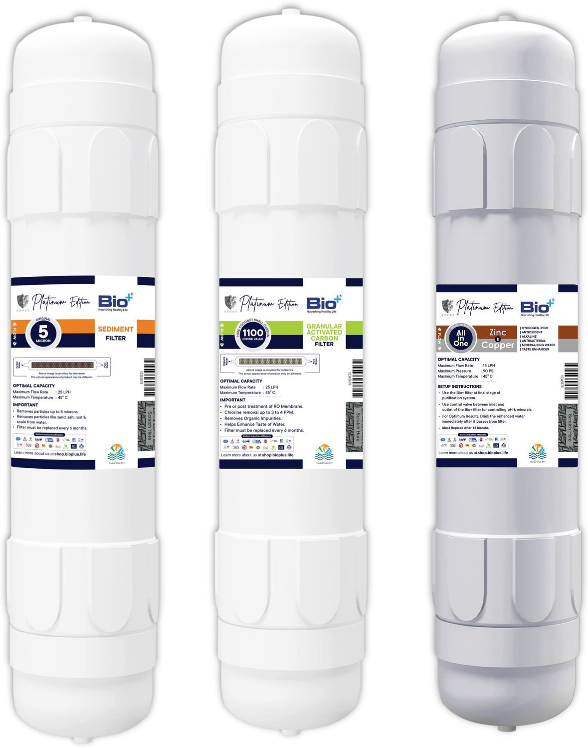 Image of Bioplus 3-in-1 RO Filter Set - GAC & ZnCu H2AAA and Sediment Filter for Water Purifiers Media Filter Cartridge (Filters Up to 5 Micron, Pack of 3)