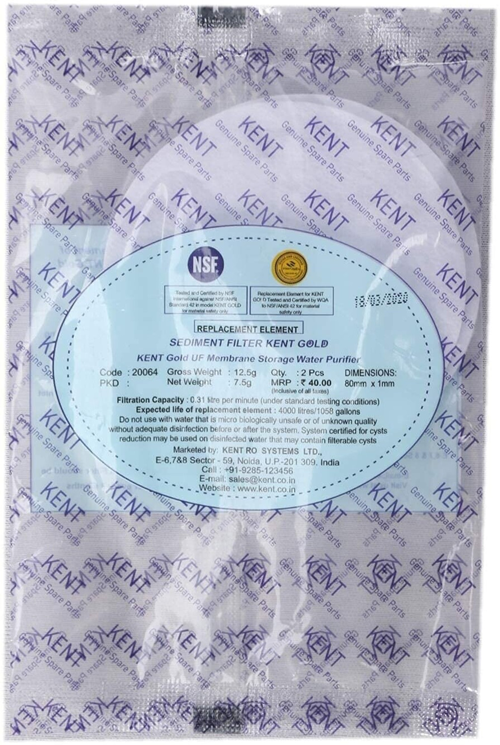 Image of ShopsOwn KENT. KIT Original UF Membrane, 1 Activated Carbon Pack,1 Sediment Filter VB65 Solid Filter Cartridge (9, Pack of 1)