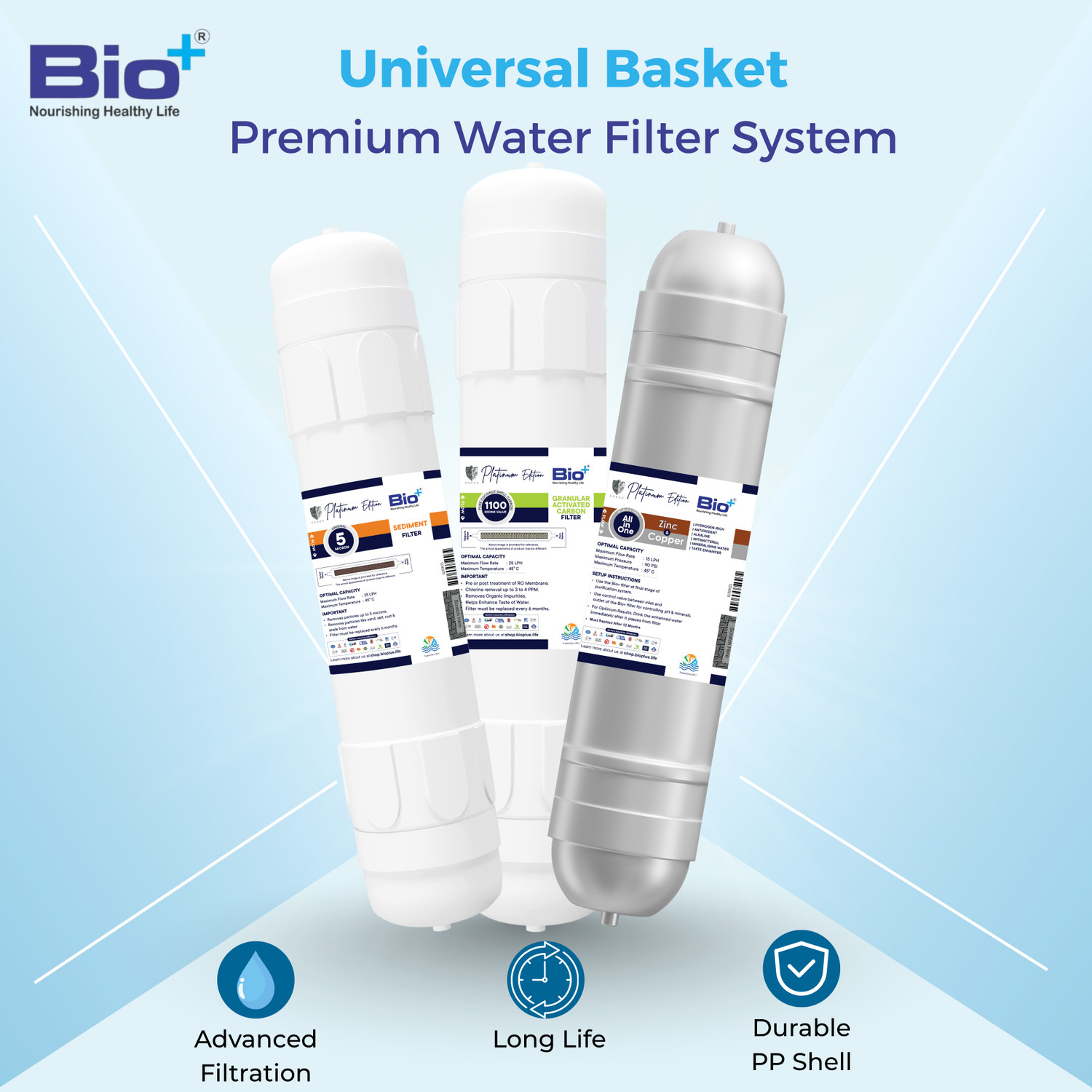 Image of Bioplus 3-in-1 RO Filter Set - GAC & ZnCu H2AAA and Sediment Filter for Water Purifiers Media Filter Cartridge (Filters Up to 5 Micron, Pack of 3)