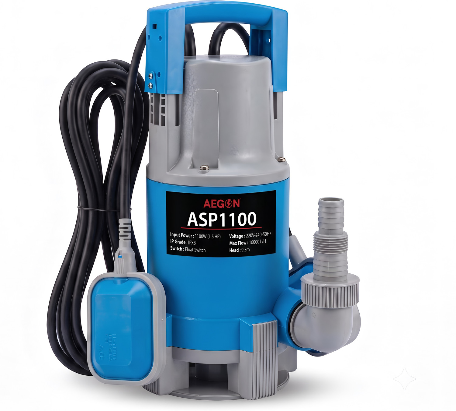 Image of AEGON ASP750 1hp, 750W Single Phase Sewage IPX8, 13000 L /H, Max Height 8m, Depth 7m Submersible Water Pump (1 hp)