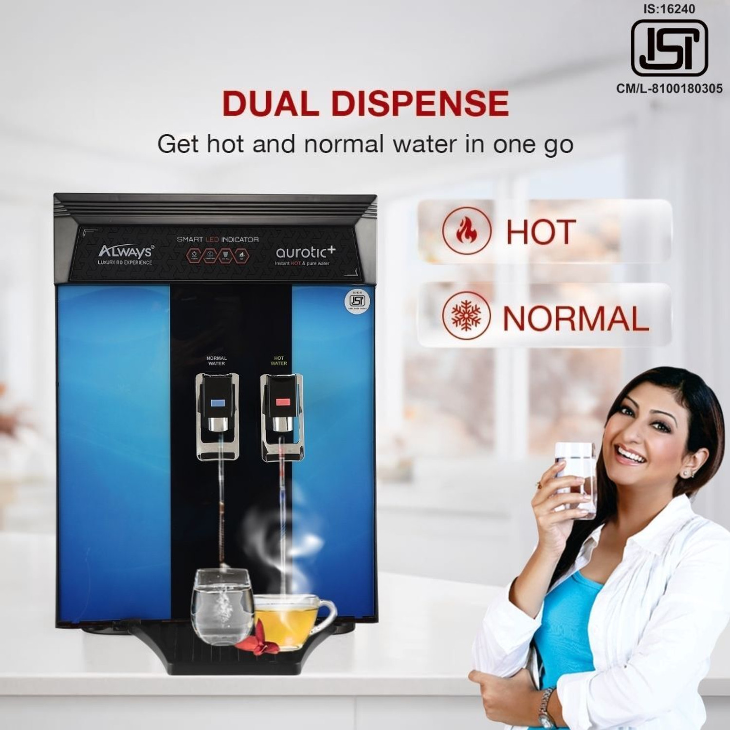 Image of Always Aurotic Plus Instant Hot and Normal with Pre-Filter 10 L RO + UV + UF + Copper + Alkaline + Minerals Water Purifier (Blue)