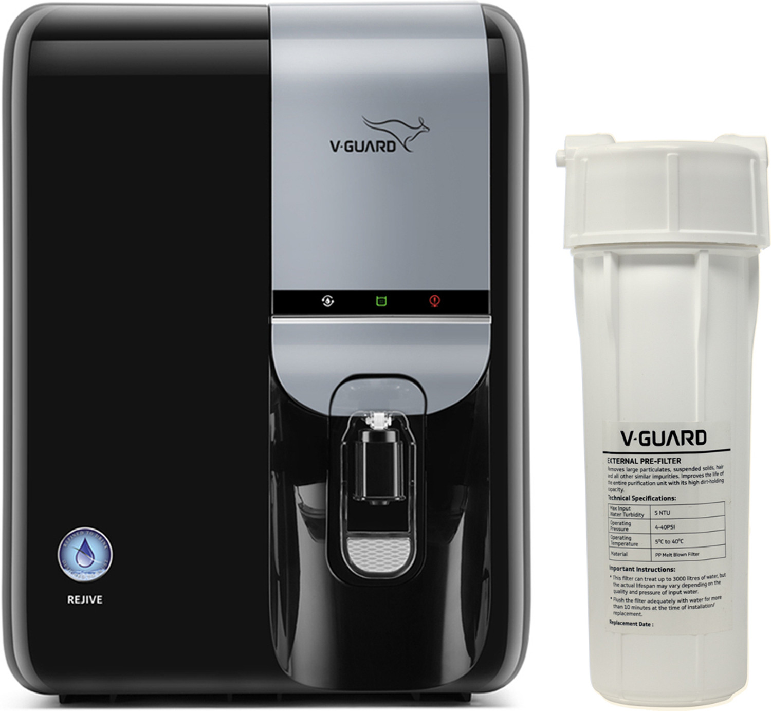 V-Guard Rejive 5 L RO + UF + Alkaline + Minerals Water Purifier with Stainless Steel Storage Tank - V-Guard