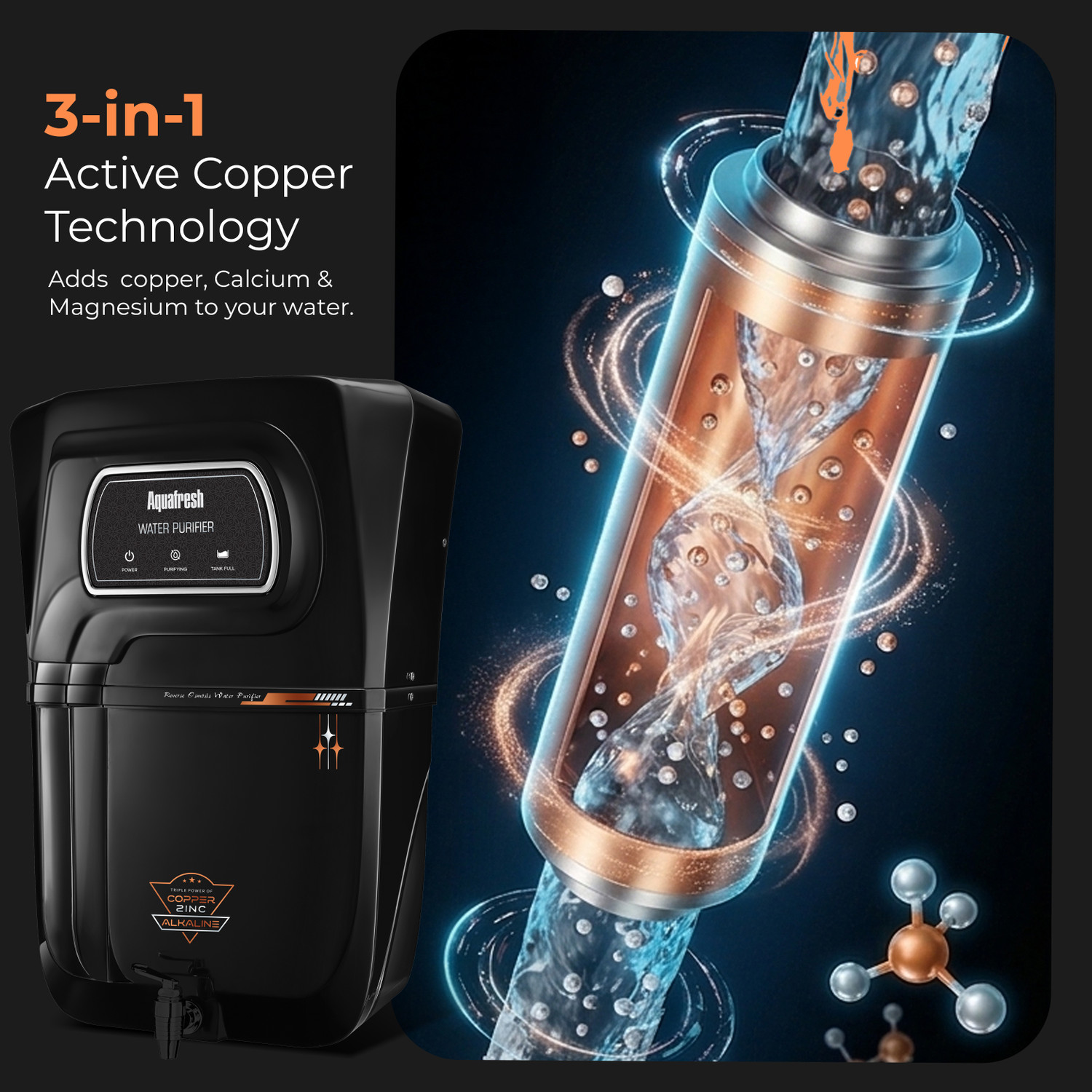 Image of Aqua Fresh NIOX RO UV UF Copper Alkaline LED Display 1 Year Warranty Plus 3 Year Service 18 L RO + UV + UF + Copper + Alkaline + Minerals + TDS Control Water Purifier (Black)