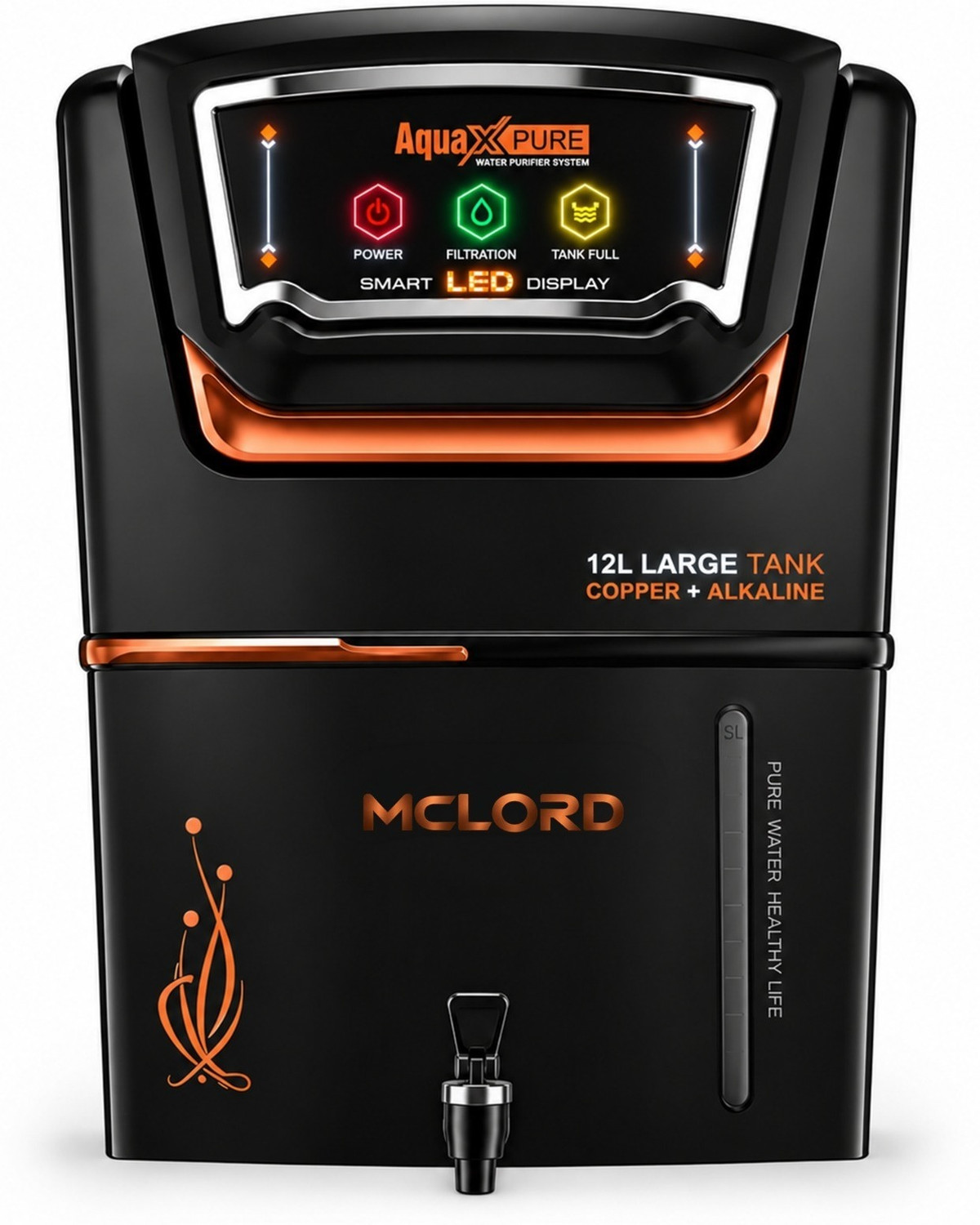 mclord Aqua®Elite 2 Year Warranty Copper Ro For Home & Office | LED Display | 20 LPH | 12 L RO + UV + UF Water Purifier