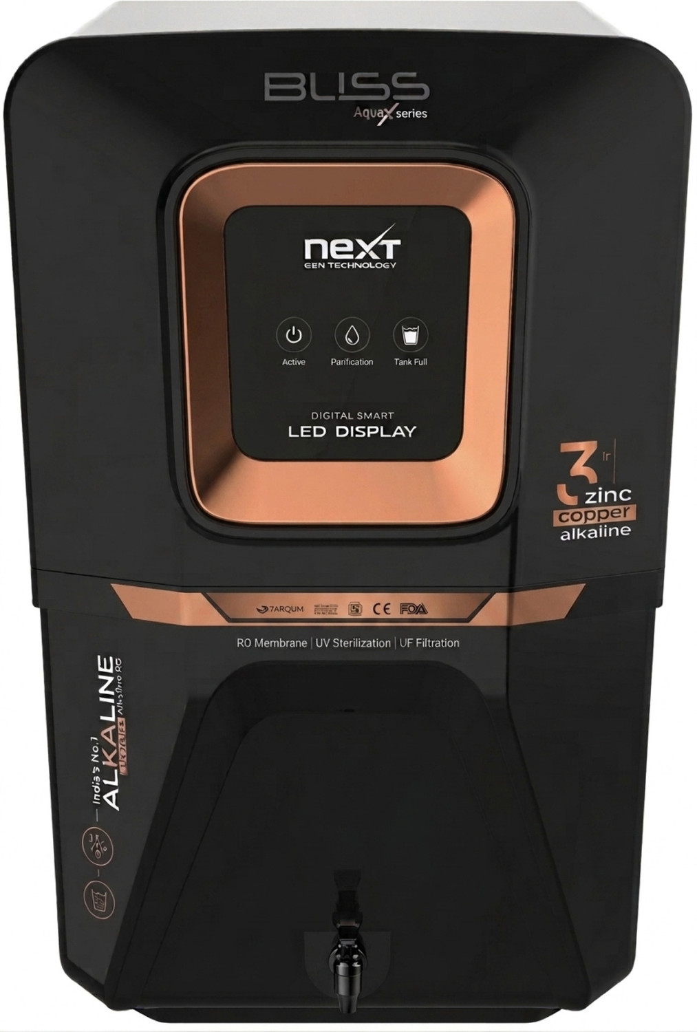 Image of Aqua Fresh NIOX RO UV UF Copper Alkaline LED Display 1 Year Warranty Plus 3 Year Service 18 L RO + UV + UF + Copper + Alkaline + Minerals + TDS Control Water Purifier (Black)