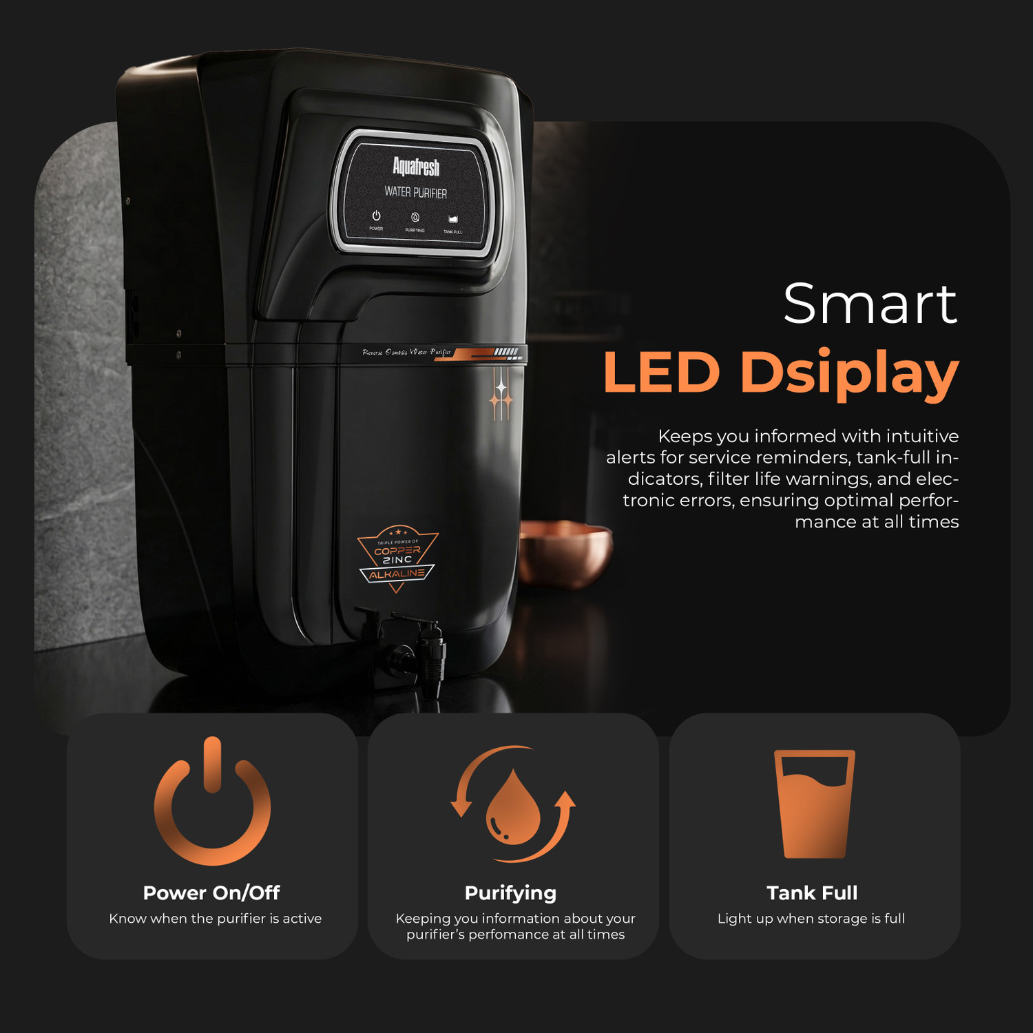 Image of Aqua Fresh NIOX RO UV UF Copper Alkaline LED Display 1 Year Warranty Plus 3 Year Service 18 L RO + UV + UF + Copper + Alkaline + Minerals + TDS Control Water Purifier (Black)