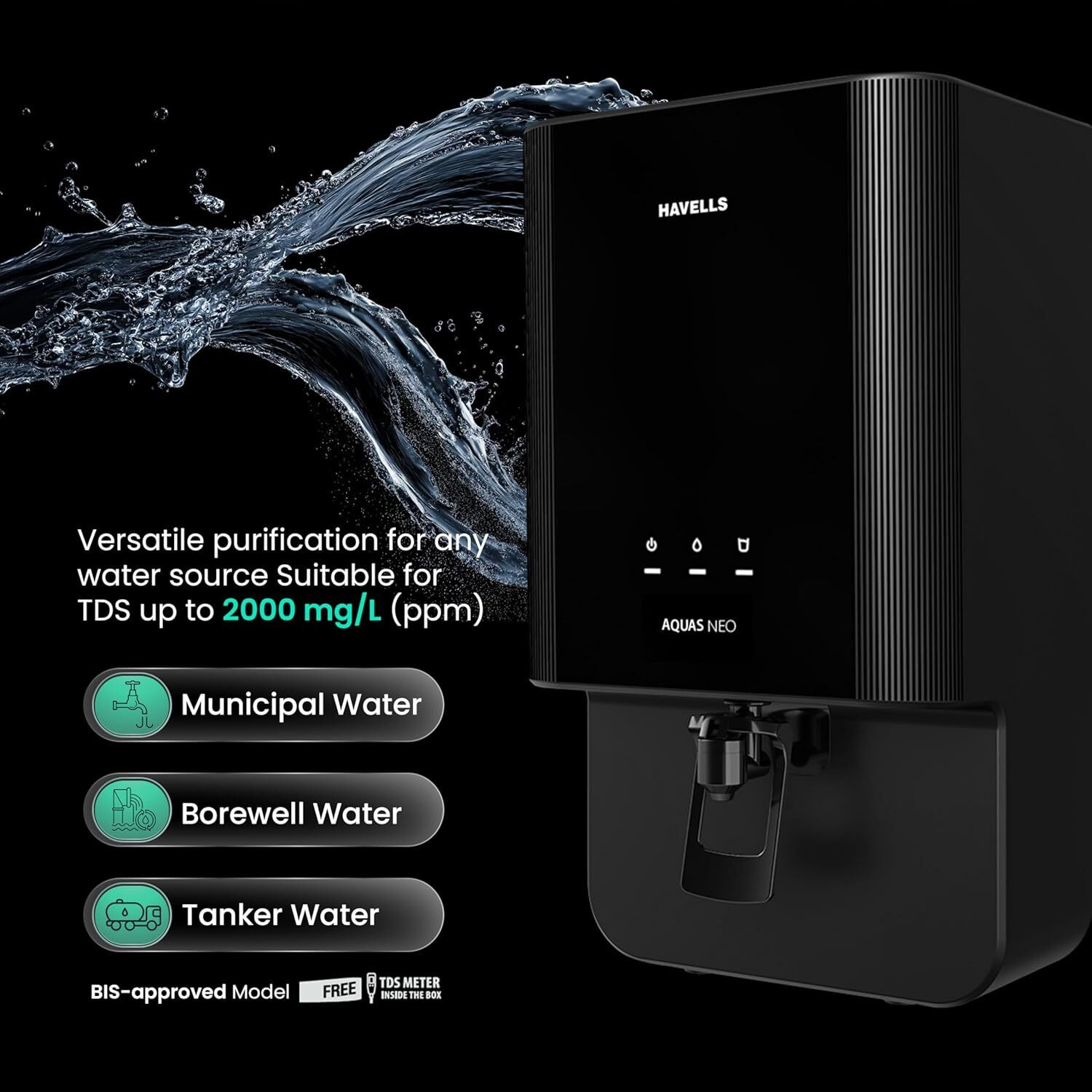 Image of HAVELLS Aquas Neo 7 L RO + UF Water Purifier (Black)