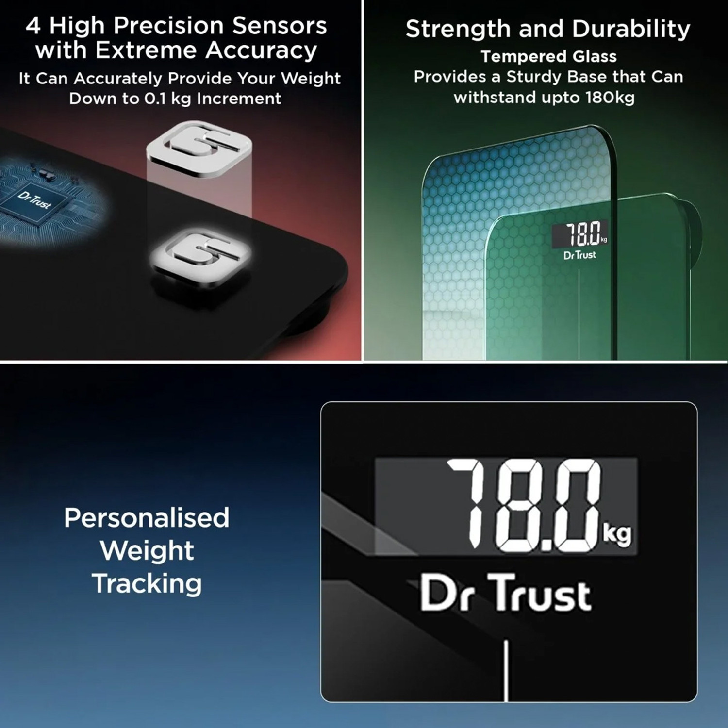 Image of Dr Trust Model 523 Inspire Personal Digital Electronic Body Weight Machine For Human Body 180Kg Capacity Weighing Scale (Black)