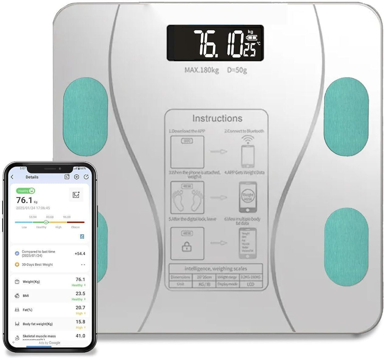 Image of EVERSYS Smart Bluetooth Weighing Scale - Body Weight, BMI white Weighing Scale (White)