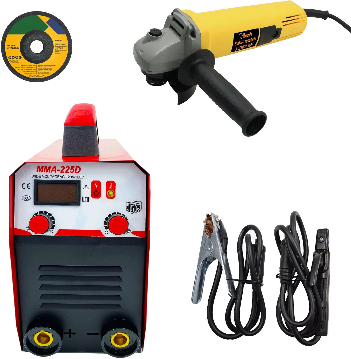 Hillgrove HGCM1213M3 225Amp Welding Machine With 100MM Wheel Diameter Angle Grinder Inverter Welding Machine