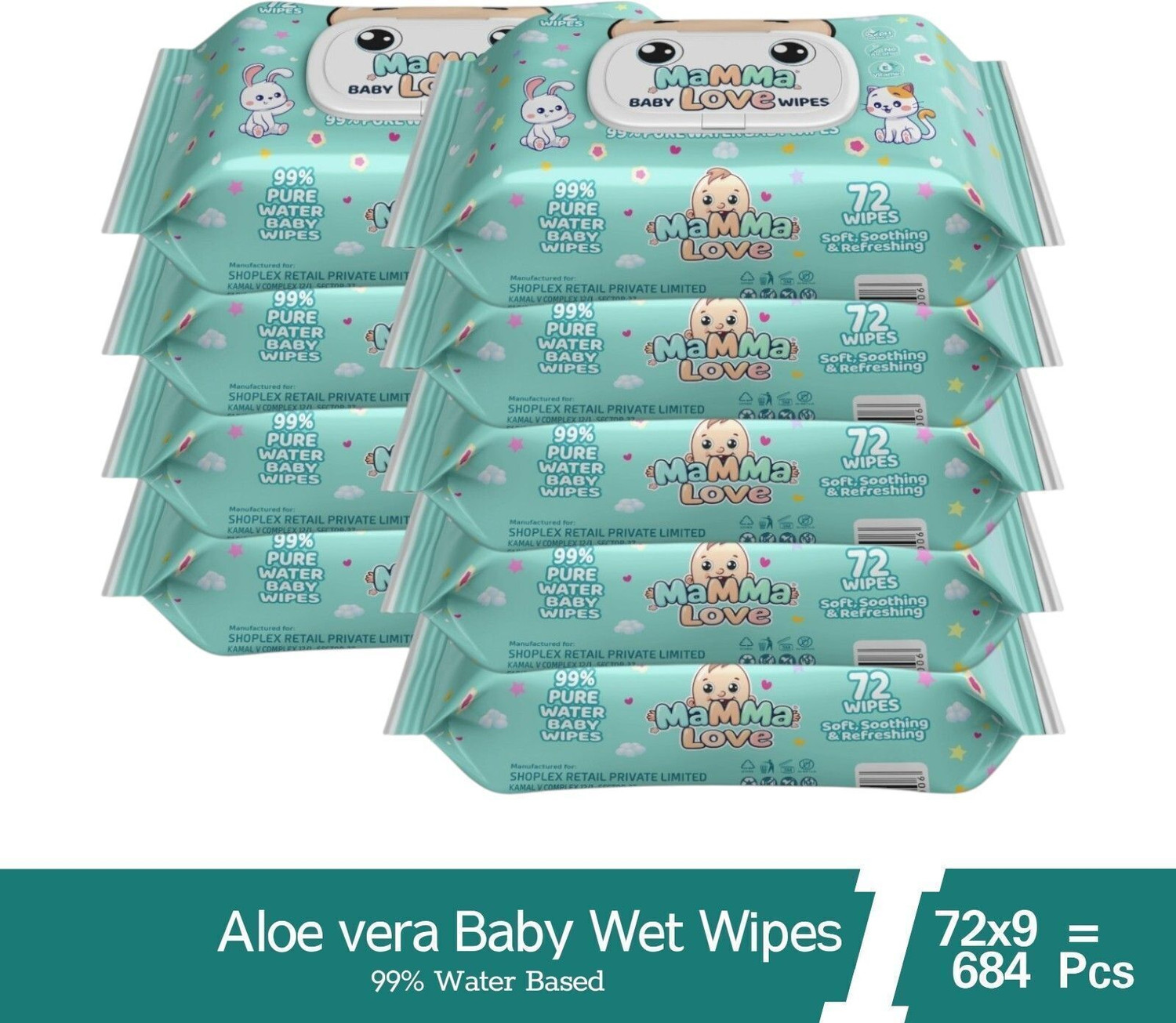 Image of Twittles Soft & Gentle Baby Cleansing Wipes With Lid, 99% Water & Aloe Vera | Pack of 8 (576 Wipes)