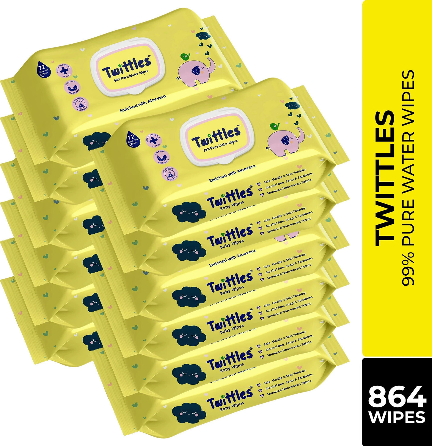 Image of Twittles Soft & Gentle Baby Cleansing Wipes With Lid, 99% Water & Aloe Vera | Pack of 1 (72 Wipes)