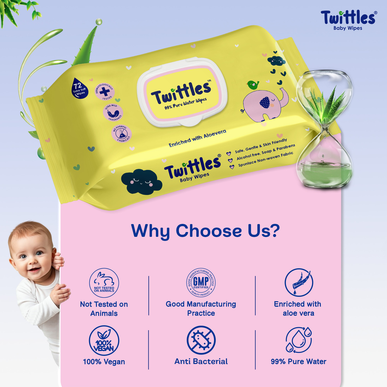 Image of Twittles Soft & Gentle Baby Cleansing Wipes With Lid, 99% Water & Aloe Vera | Pack of 1 (72 Wipes)