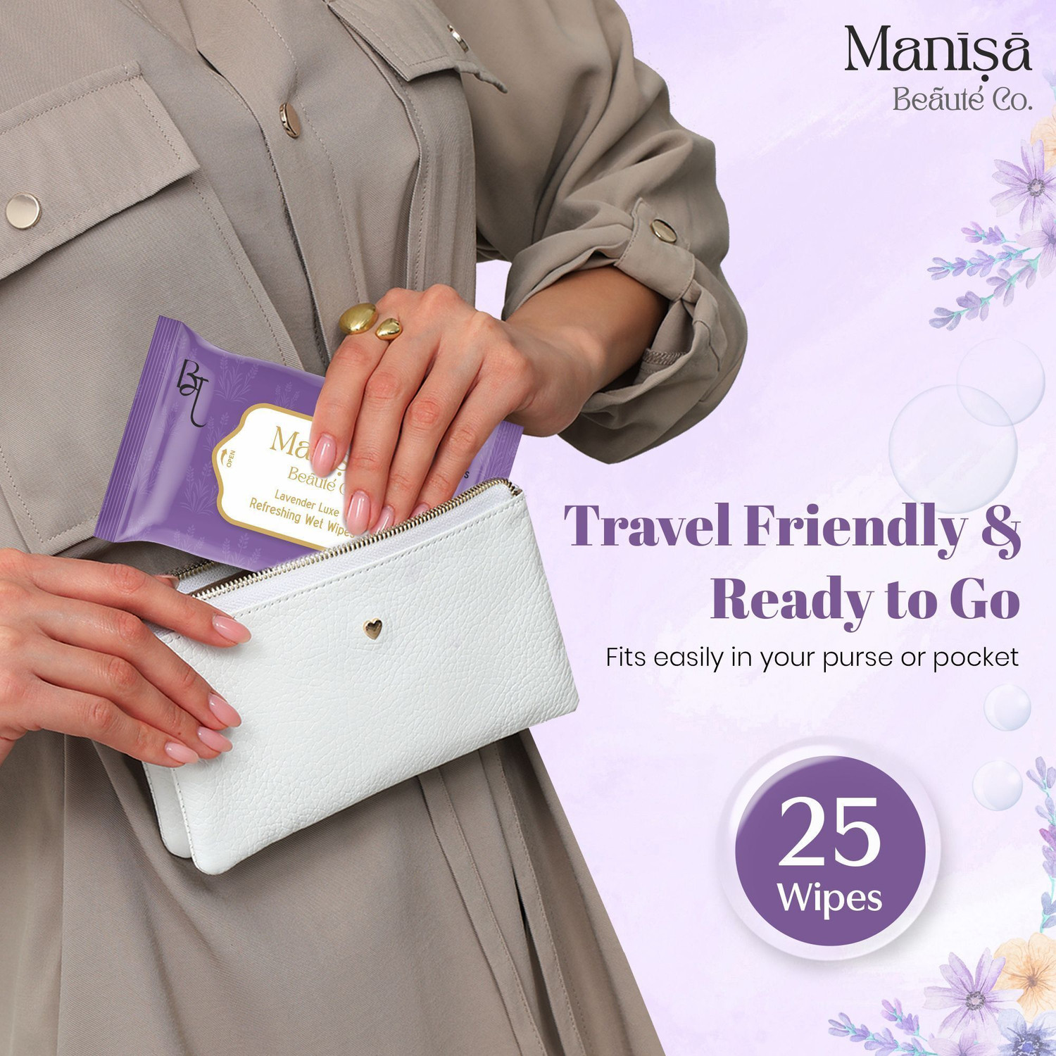 Image of Manisa Beaute Co Lavender Luxe Refreshing Wet Wipes, Alcohol Free & Vegan, (Pack of 2) (50 Wipes)