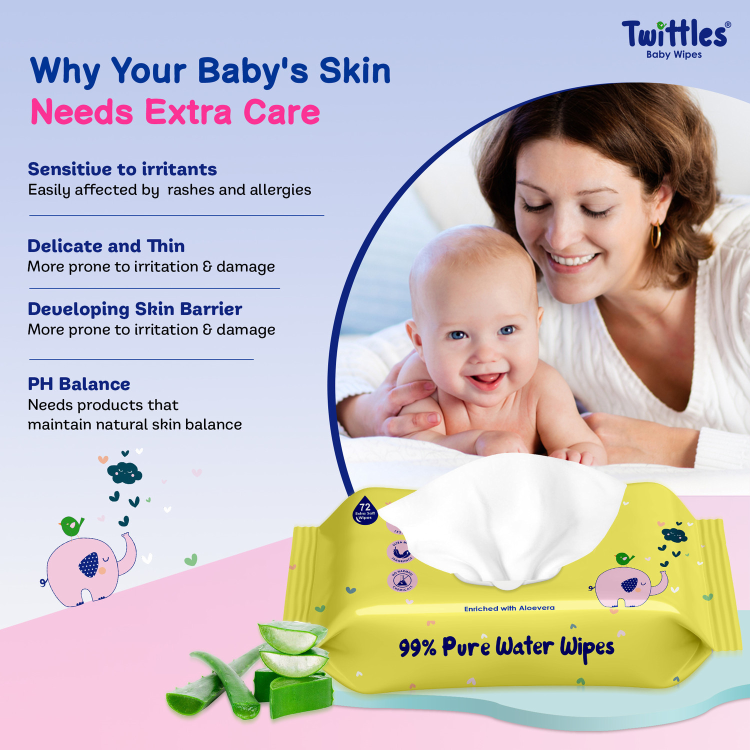 Image of Twittles Soft & Gentle Baby Cleansing Wipes With Lid, 99% Water & Aloe Vera | Pack of 1 (72 Wipes)