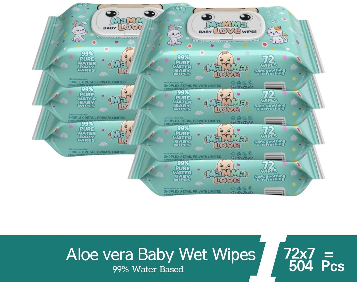 Image of Twittles Soft & Gentle Baby Cleansing Wipes With Lid, 99% Water & Aloe Vera | Pack of 8 (576 Wipes)