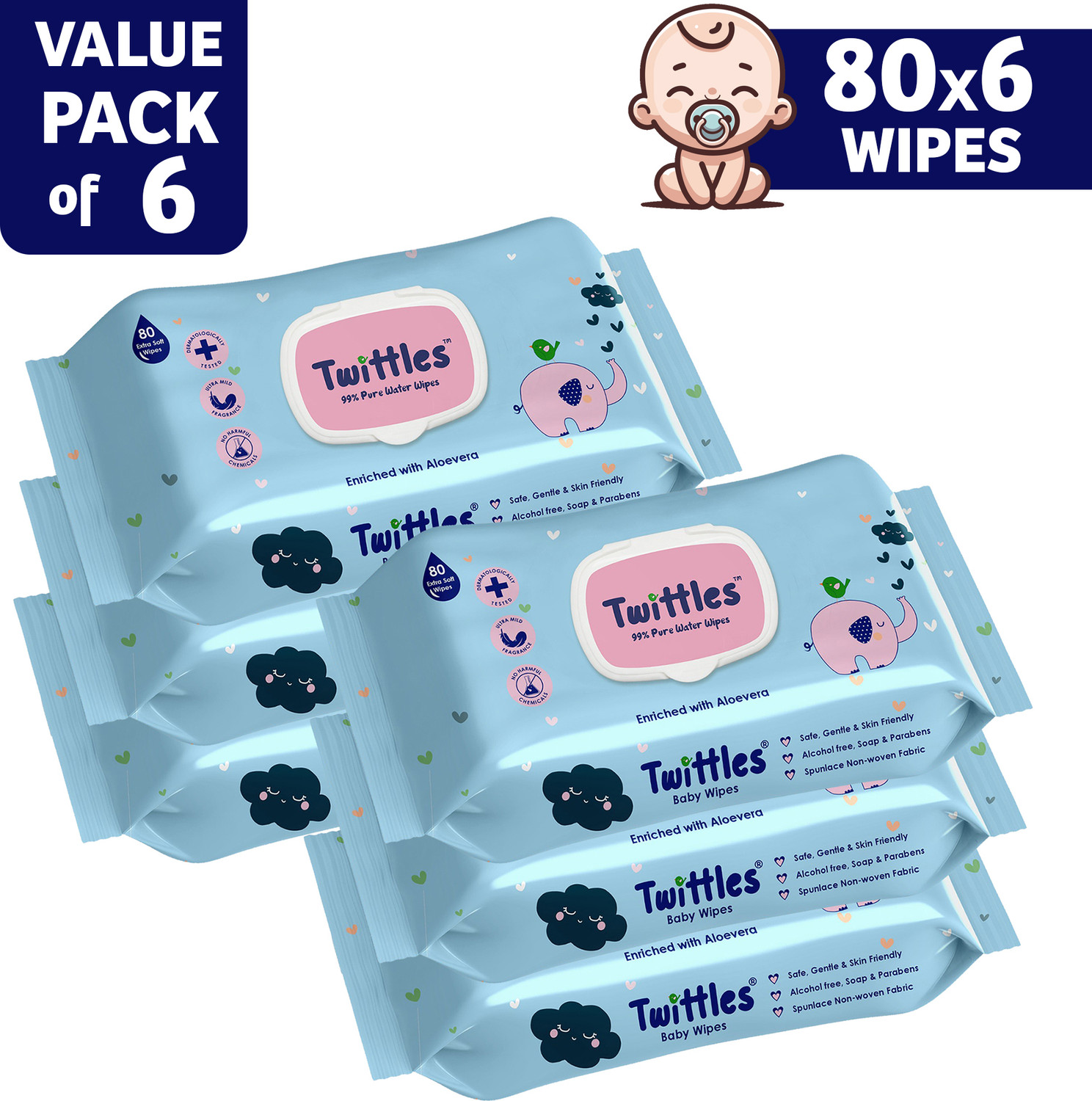 Image of Twittles Soft & Gentle Baby Cleansing Wipes With Lid, 99% Water & Aloe Vera | Pack of 1 (72 Wipes)