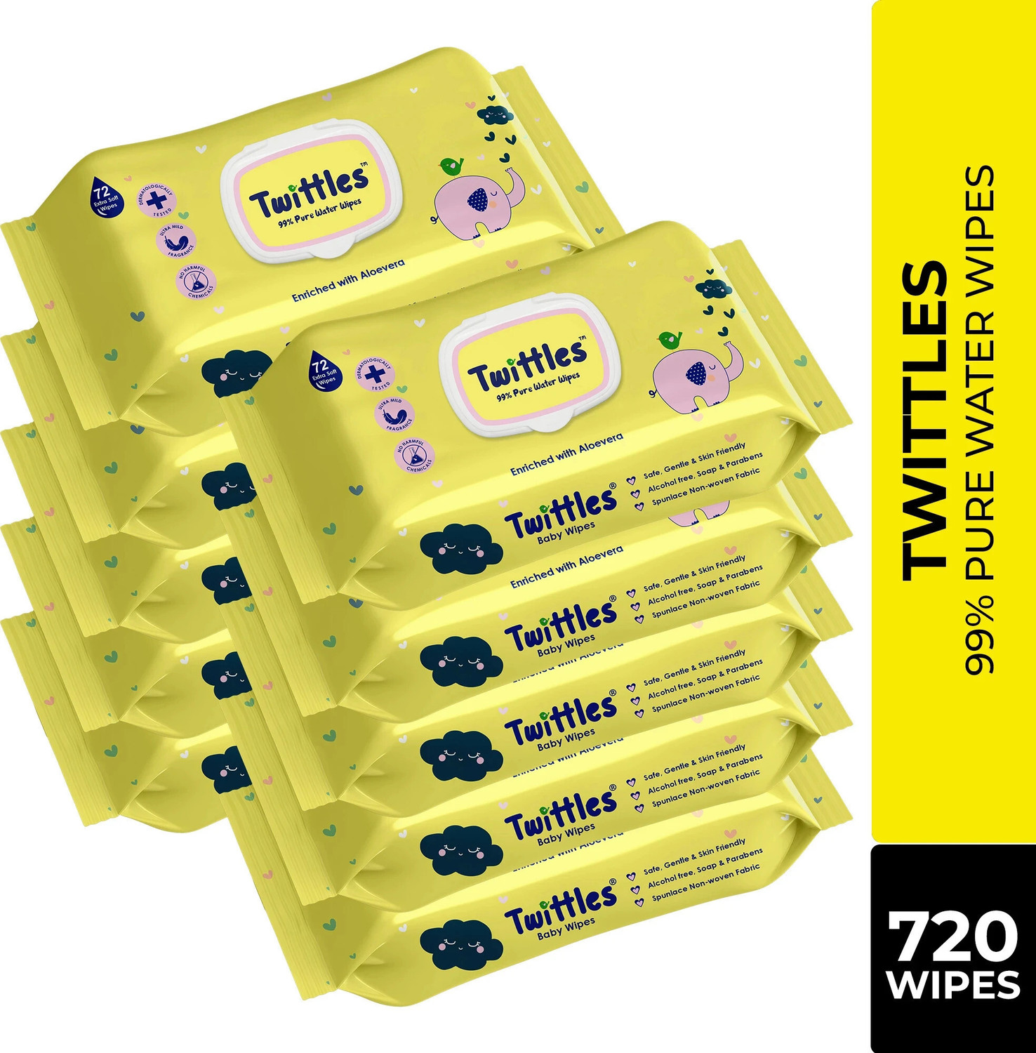 Image of Twittles Soft & Gentle Baby Cleansing Wipes With Lid, 99% Water & Aloe Vera | Pack of 1 (72 Wipes)