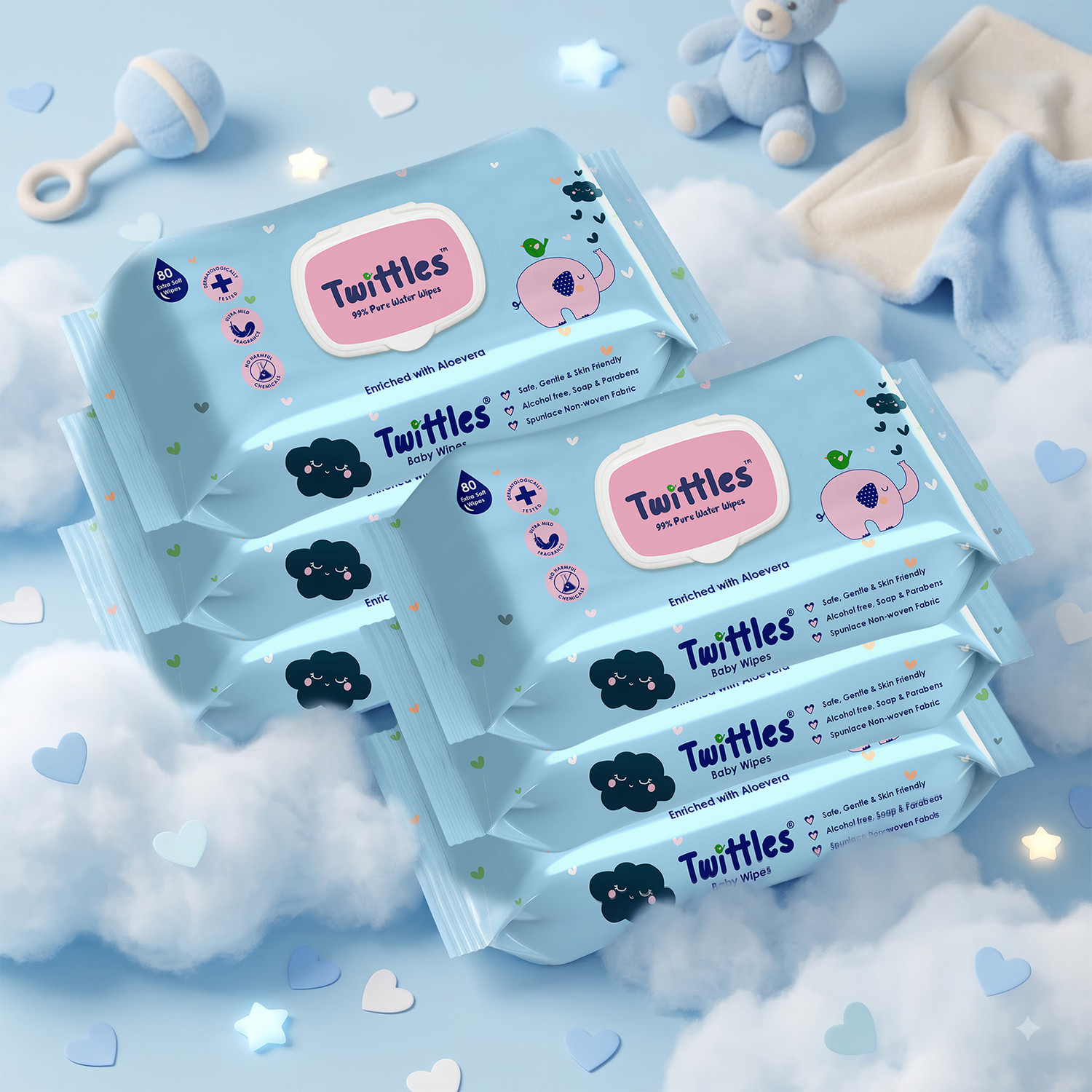 Image of Twittles Soft & Gentle Baby Cleansing Wipes With Lid, 99% Water & Aloe Vera | Pack of 1 (72 Wipes)