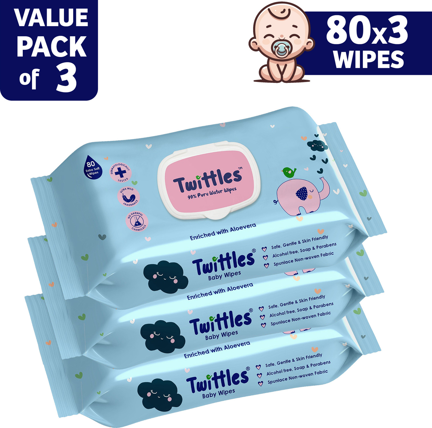 Image of Twittles Soft & Gentle Baby Cleansing Wipes With Lid, 99% Water & Aloe Vera | Pack of 1 (72 Wipes)