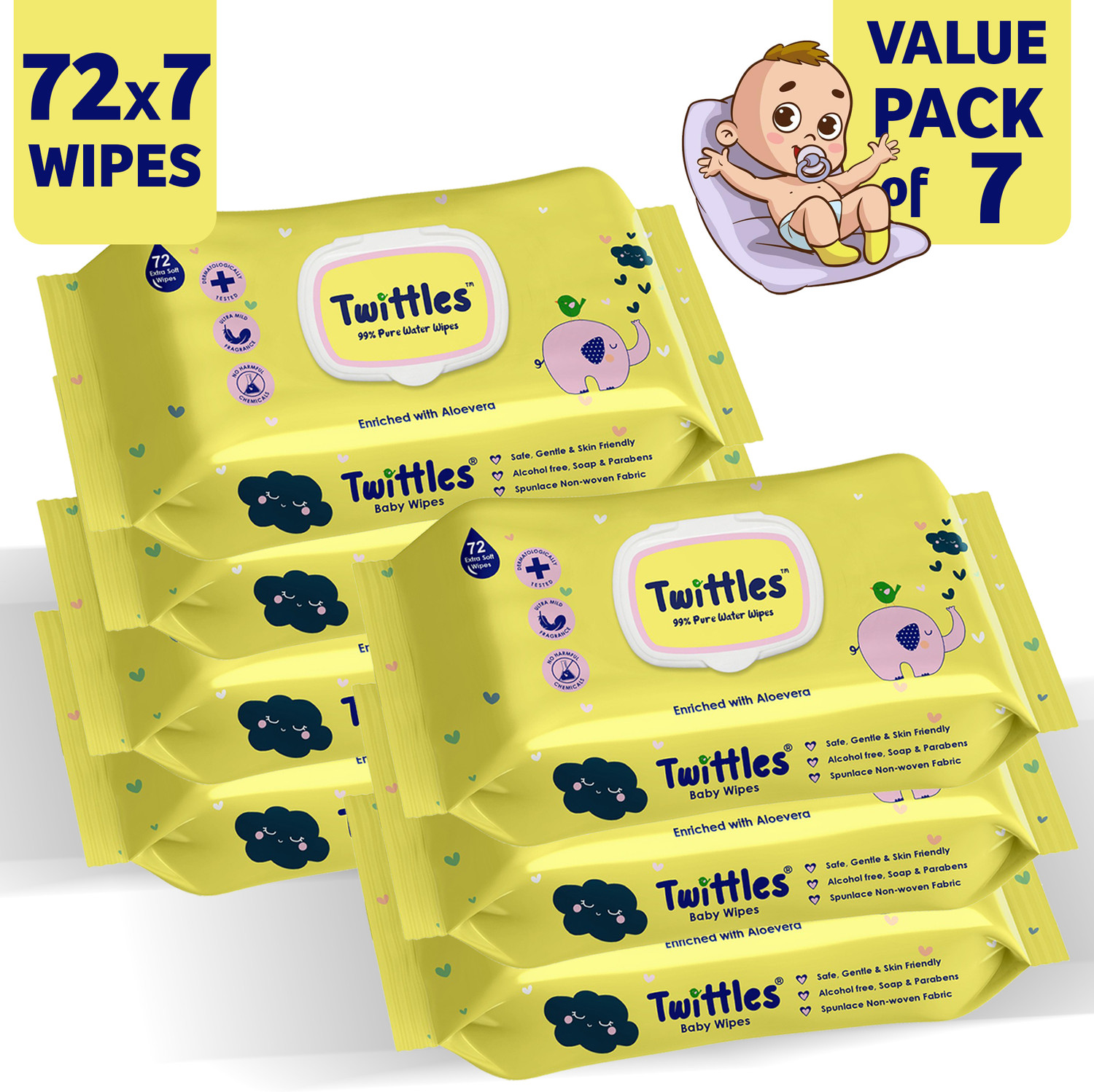 Image of Twittles Soft & Gentle Baby Cleansing Wipes With Lid, 99% Water & Aloe Vera | Pack of 7 (504 Wipes)