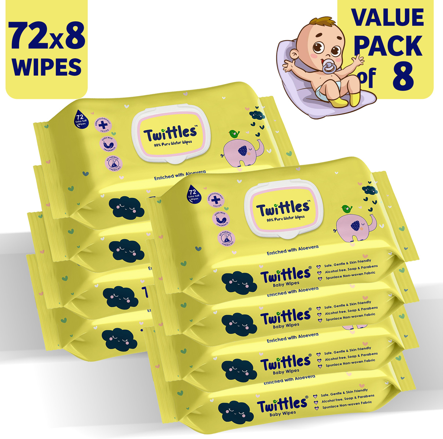 Image of Twittles Soft & Gentle Baby Cleansing Wipes With Lid, 99% Water & Aloe Vera | Pack of 8 (576 Wipes)