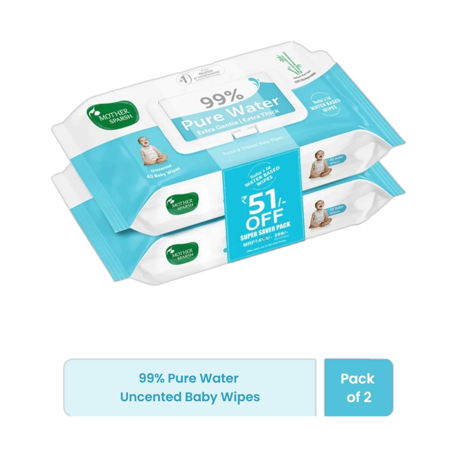 Mother Sparsh 99% Pure Water Baby Wipes (80 Wipes) 2 Pieces - Image 1