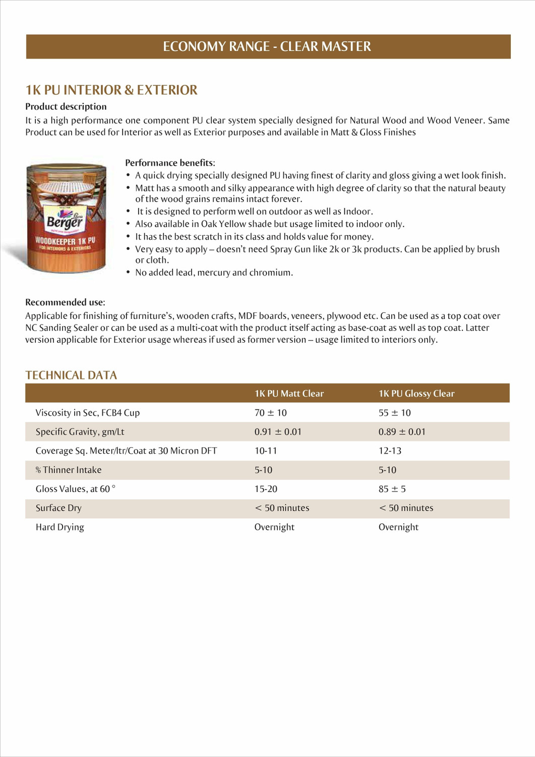 Image of Berger Woodkeeper 1K PU Gloss Clear Wood Varnish (Polyurethane 1 L)