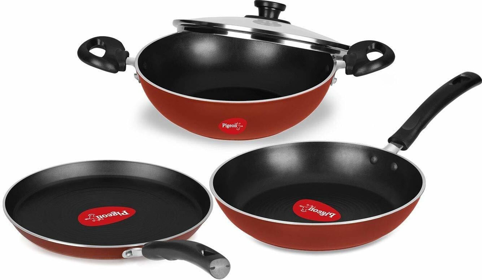 Pigeon Favourite 3-piece red nonstick cookware set with kadai fry pan and tawa