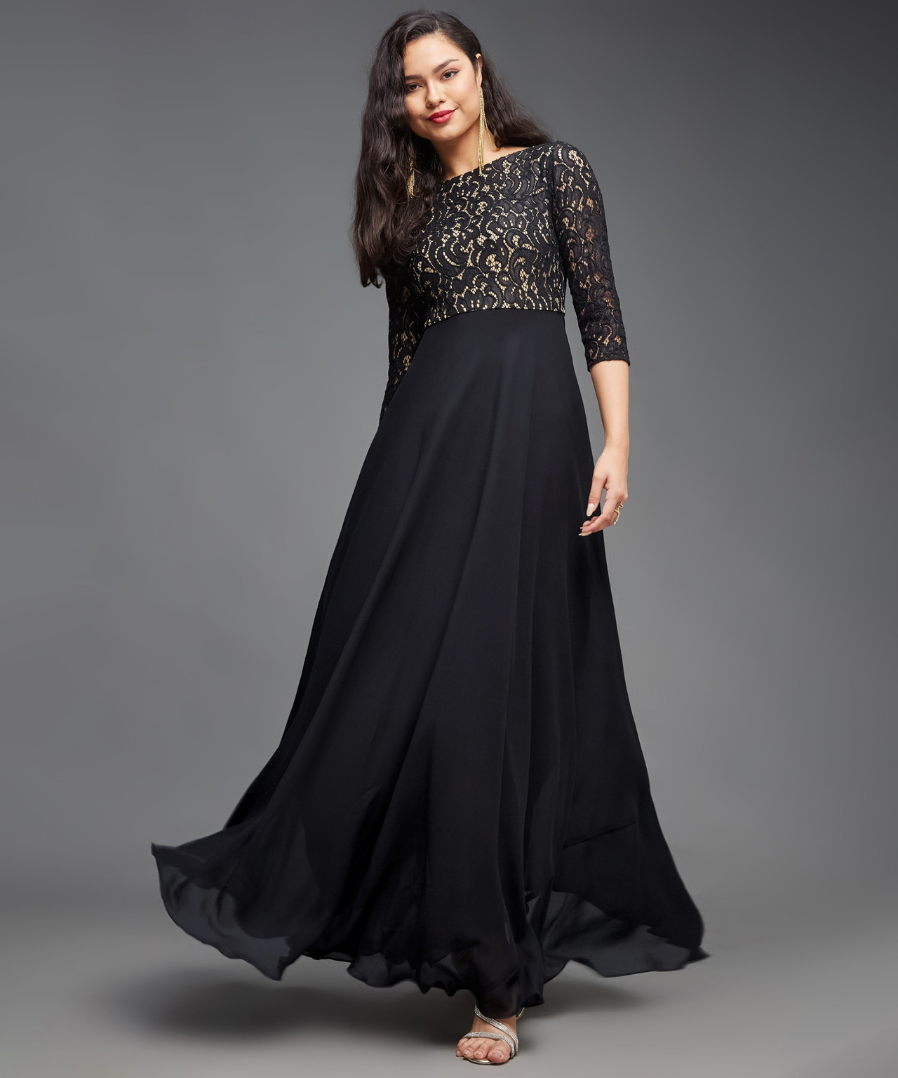 Women Maxi Black, Yellow Full Length Dress
