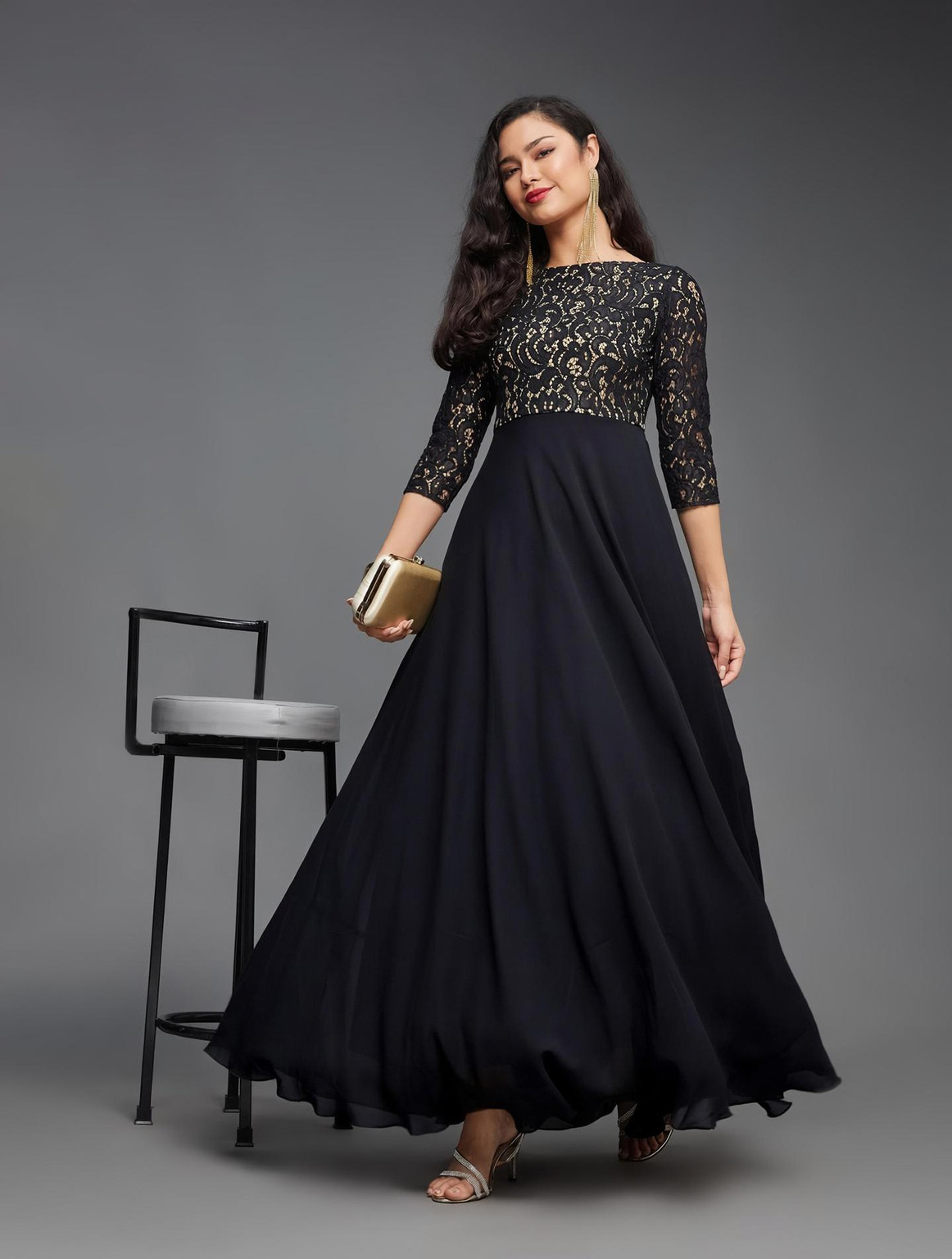 Women Maxi Black, Yellow Full Length Dress