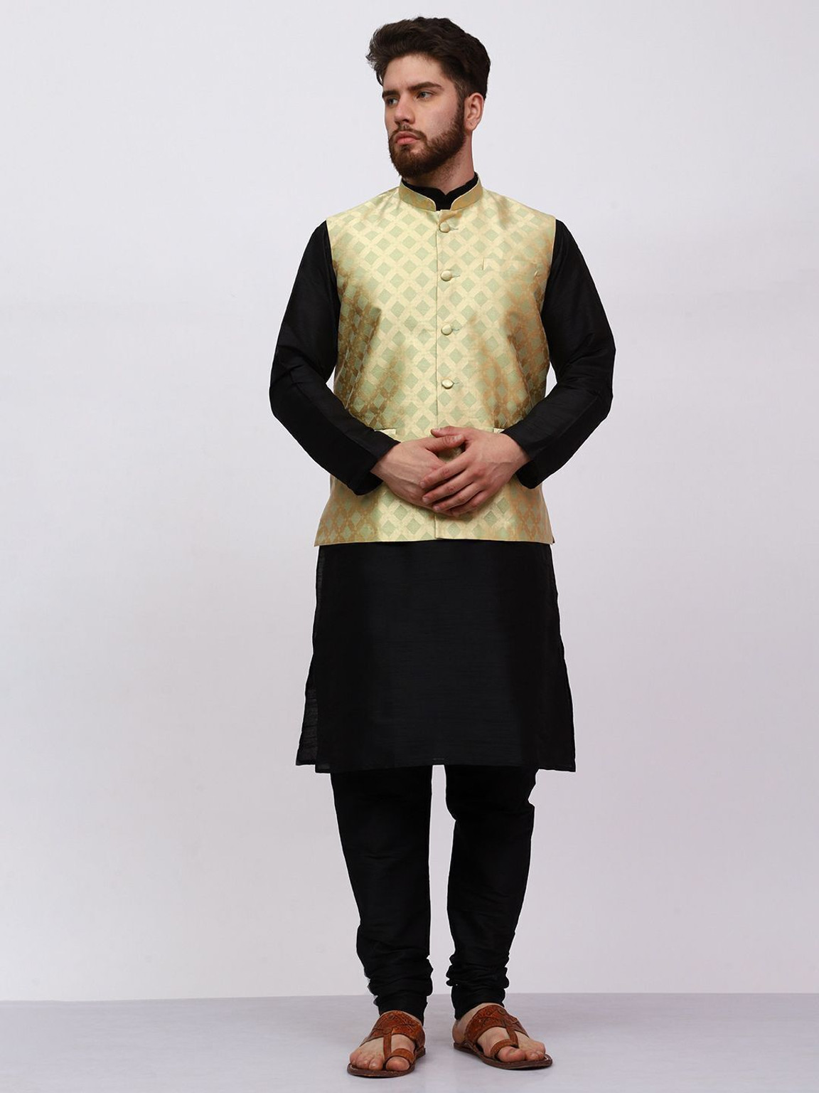 Raymond Men Dupion Silk Kurta Churidar Ethnic Jacket Set