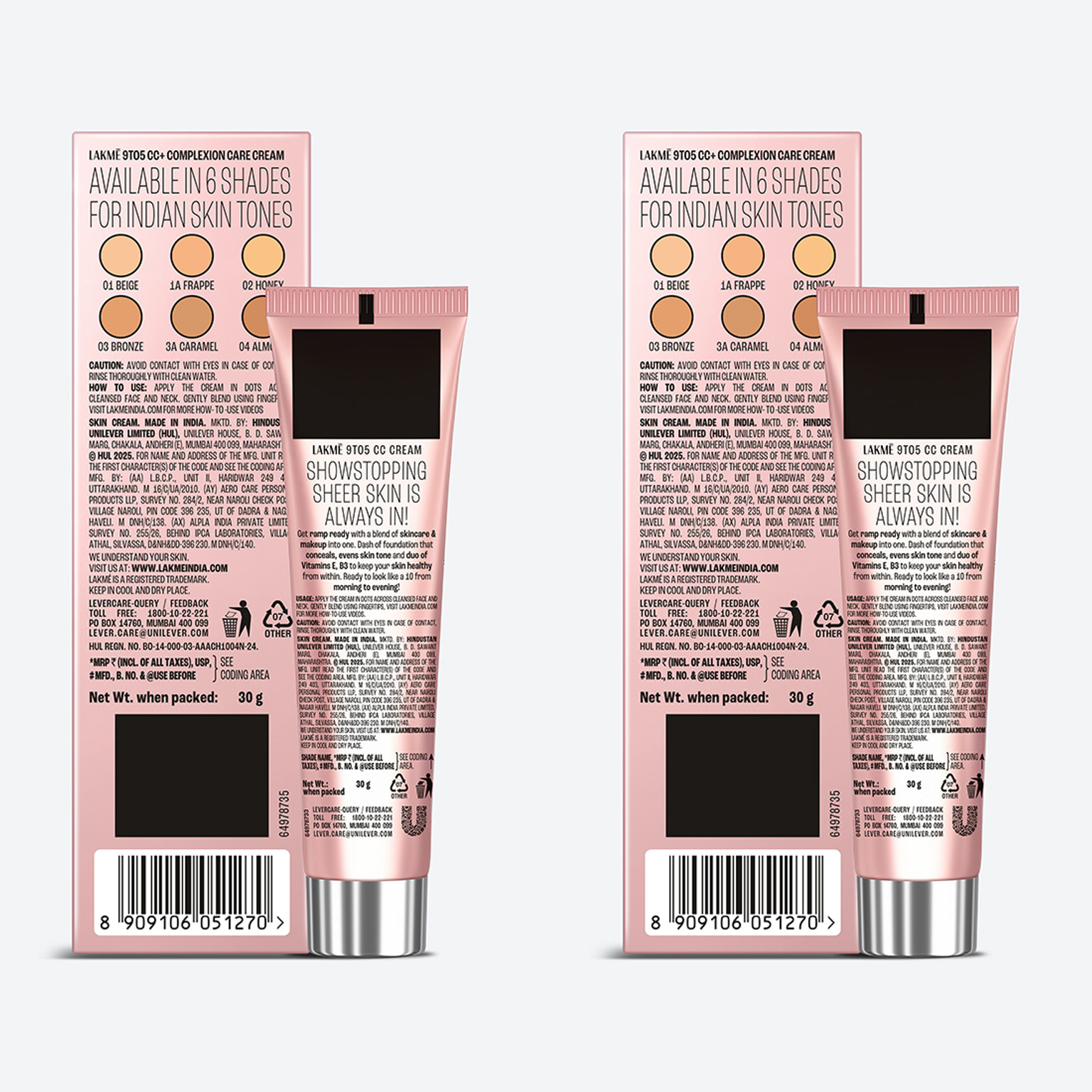 Lakmé 9 to 5 Complexion Care Face Cream Foundation - Pack of 2 Foundation (Beige, 60 g)