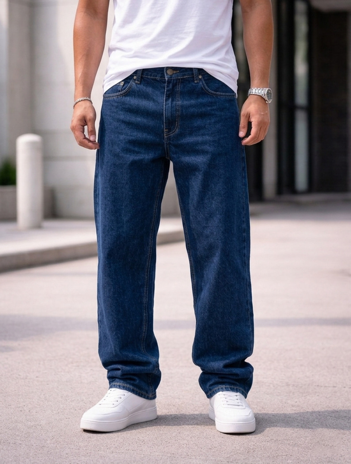 Men Baggy Fit Mid Rise Dark Blue Jeans