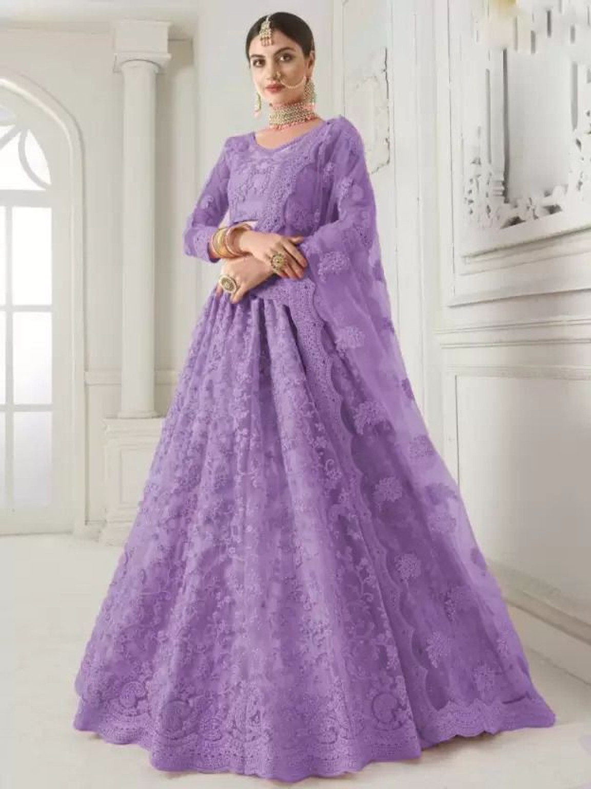 NJ FASHION Embroidered Semi Stitched Lehenga Choli (Purple)